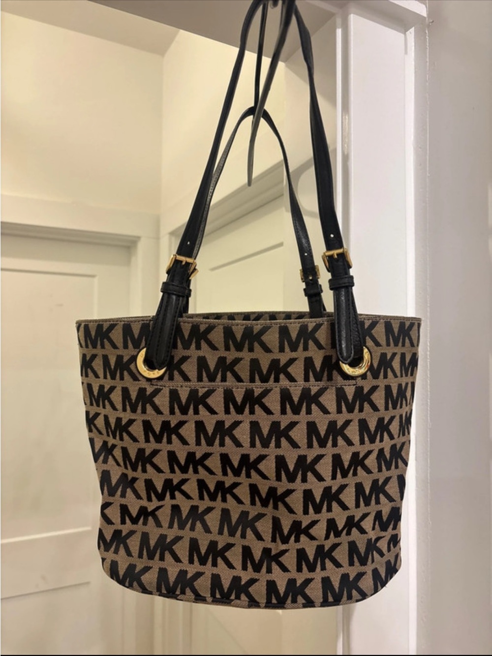 Michael Kors Brown MK Logo Canvas Tote with Black Straps